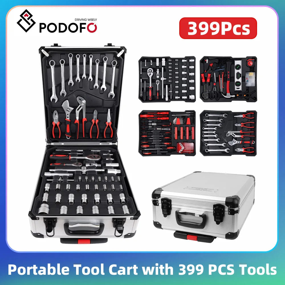 Podofo 399pcs Hand Tool Box Portable Tool Cart Keyed Locking System Toolbox Garage Tool Auto Home Repair Tool Kit with Wheels