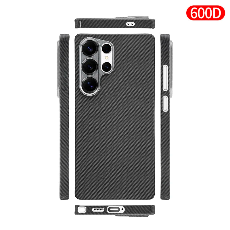 Black carbon fiber phone case with precise cutouts for camera, buttons, and ports, shown from all sides.