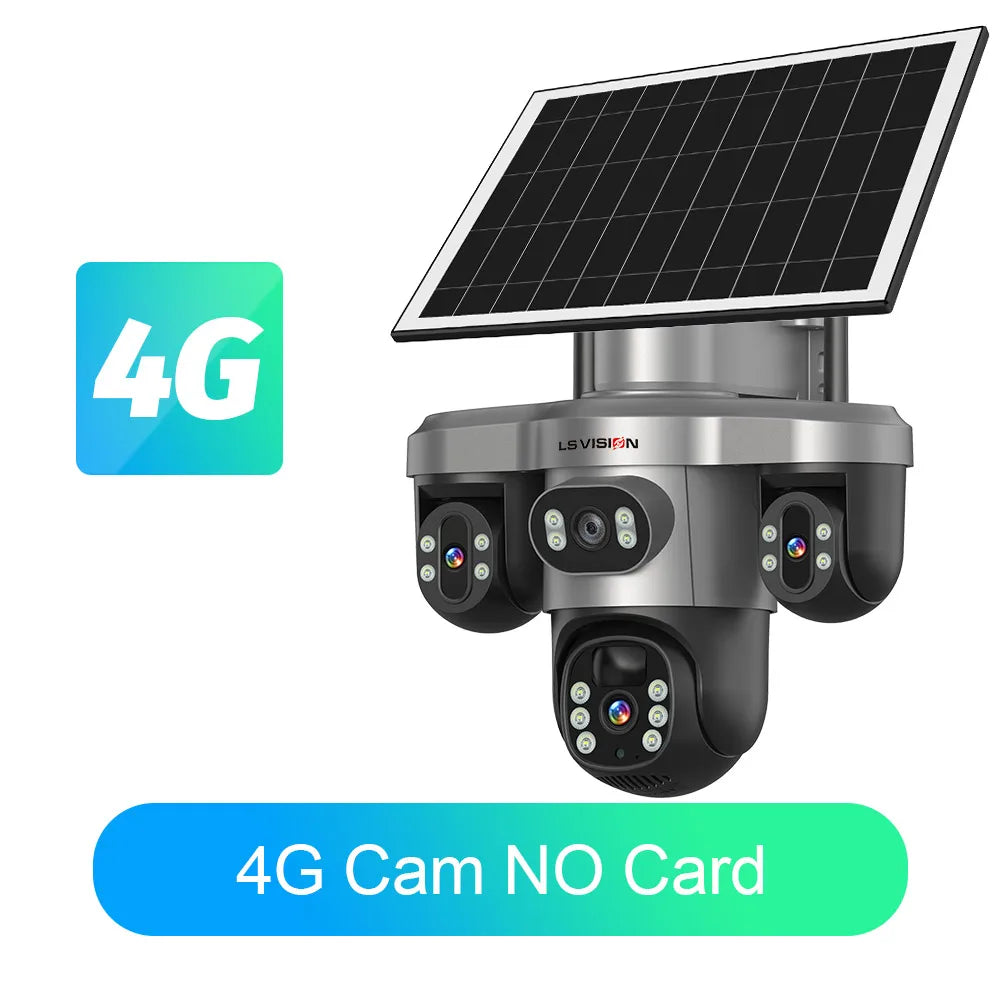 Outdoor solar security camera with gray-black housing and three-lens rotating head