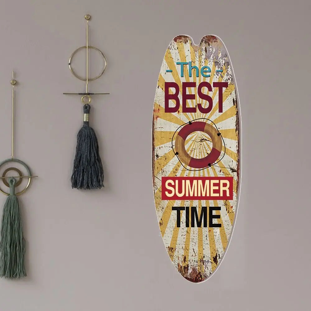 Wood surfboard hanging sign with light distressed wood and “The BEST SUMMER TIME”