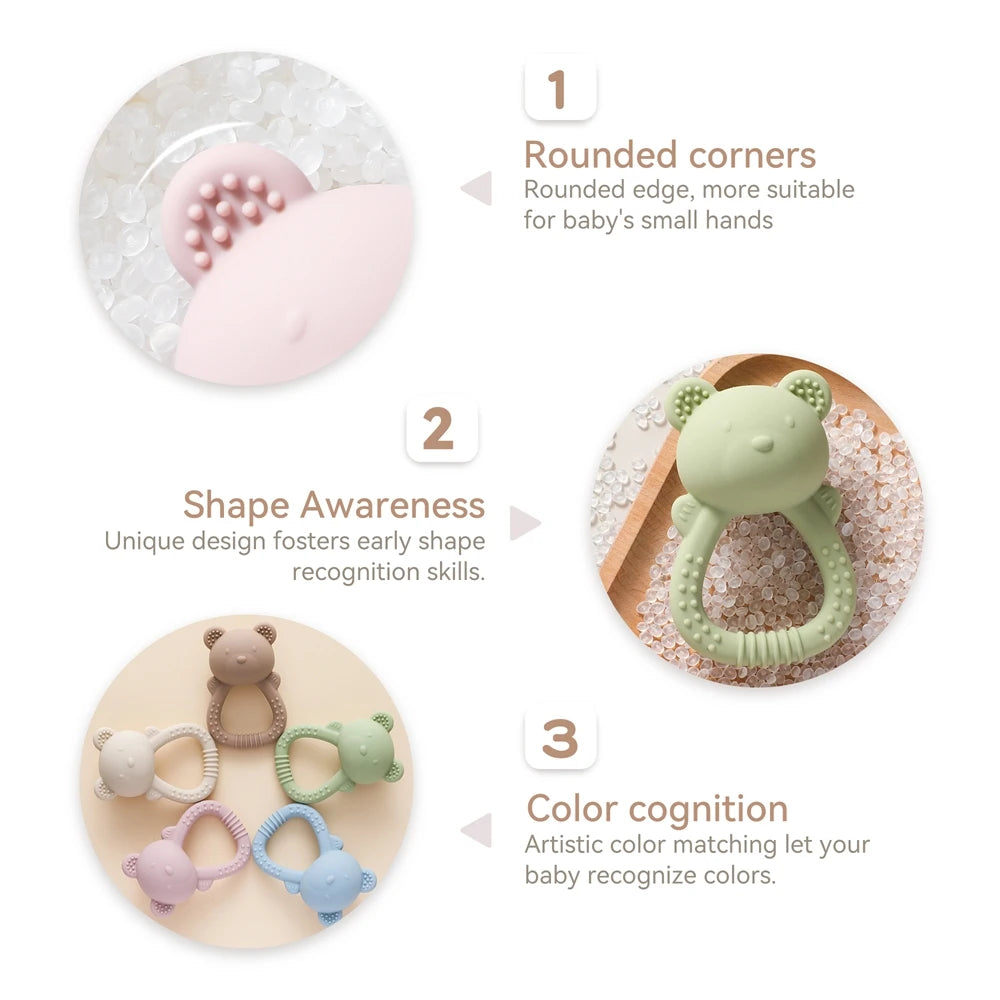 Baby Silicone Teether Bear Hand Bell Food Grade Teether Toys Rattle Baby 0-12 Months Silicone Sensory Toys Silicone Teething Toy