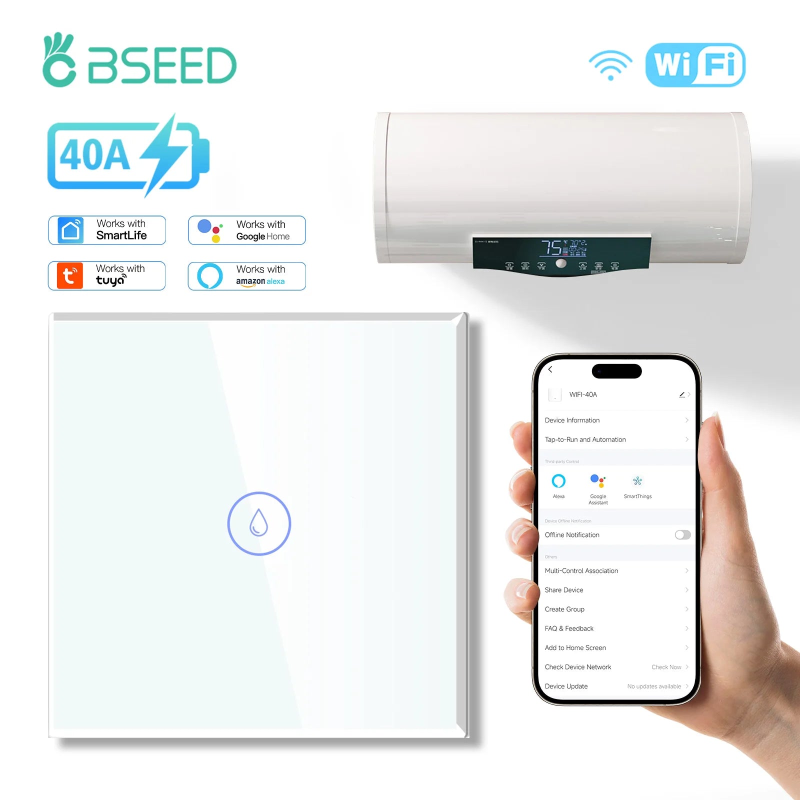 BSEED Wifi Smart Water Heater Switches Touch Boiler Switches 40A Plus EU Waterproof Socket For Kitchen Batroom Tuya Smart Life