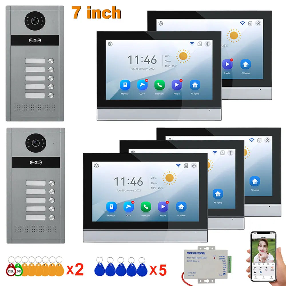 7 inch Touch Screen Video Doorbell Intercom 4 Wired Tuya WiFi Video Doorphone System for 5/6/8 Family Apartment RFID Card Unlock