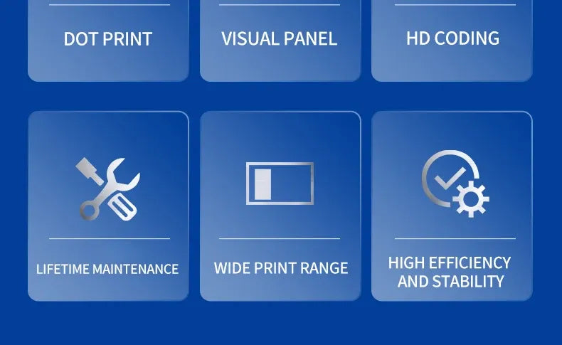 Blue feature graphic with icon tiles for dot print, visual panel, and HD coding