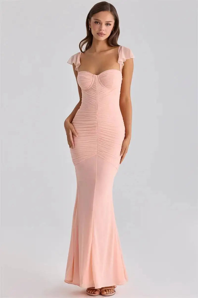 Mozision Sweetheart Neck Sexy Mermaid Maxi Dress Women Elegant Ruffle Sleeves Bodycon Evening Club Party Long Dress Female Gown
