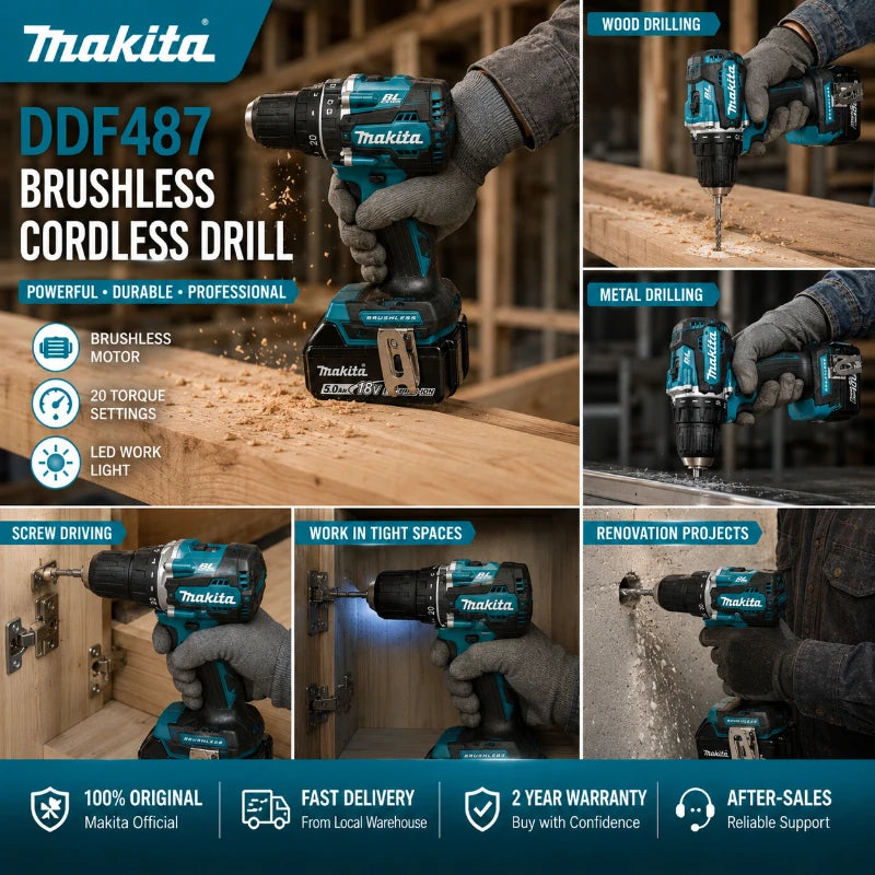Original Makita 18V Cordless Drill Brushless High Torque Electric Drill DDF487 + Battery Pack BL1860B BL1840 DIY Professional Tool EU Fast Shipping