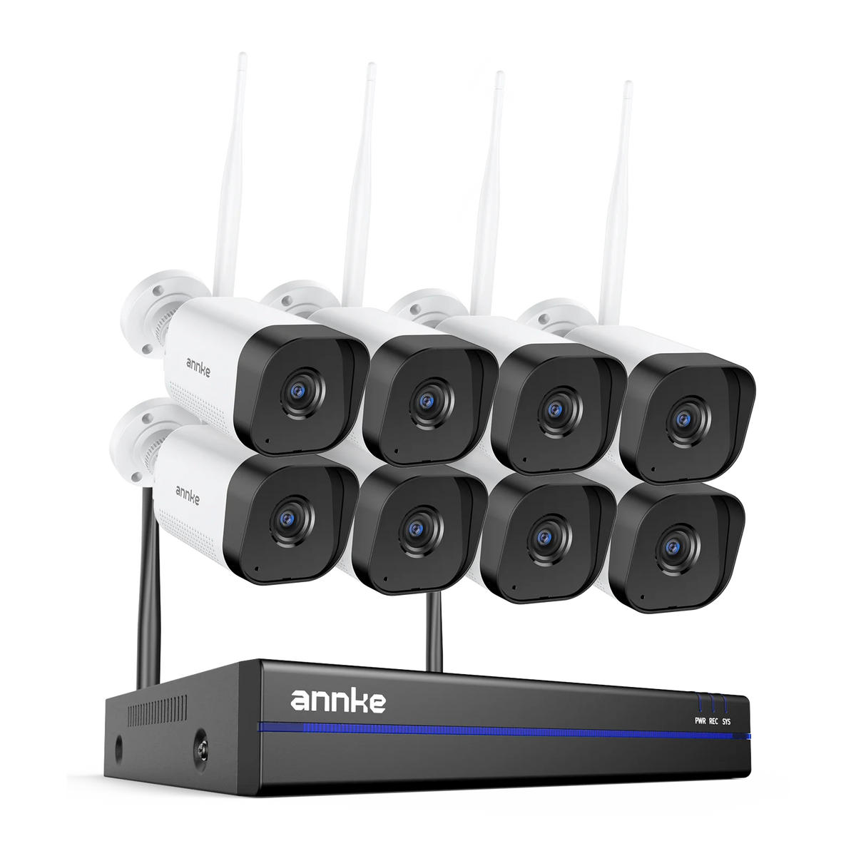 Wi-Fi CCTV kit with multiple dome cameras and black NVR with antennas