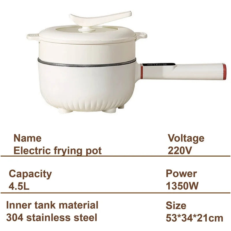 Electric nonstick cooking pot with lid, 4.5L capacity and side handle, white exterior