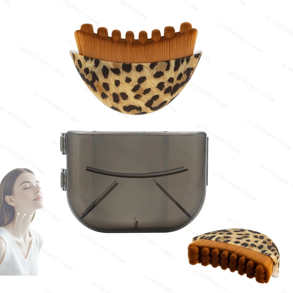 Leopard print lymphatic contour face brush with soft brown bristles and a matching translucent grey protective case.