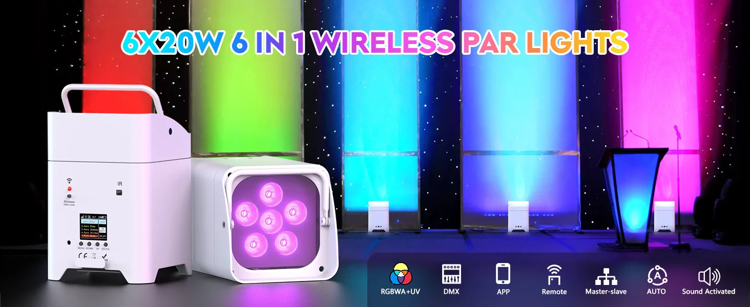 U'King 4PCS RGBWA+UV LED Par Light with Bag 6x18W DMX Stage Light Rechargeable Built-in Battery Wireless Par Light Dyeing Light