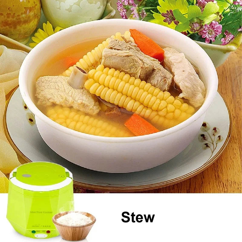 1.6L car rice cooker with soup bowl meal, lime green base and white inner lid