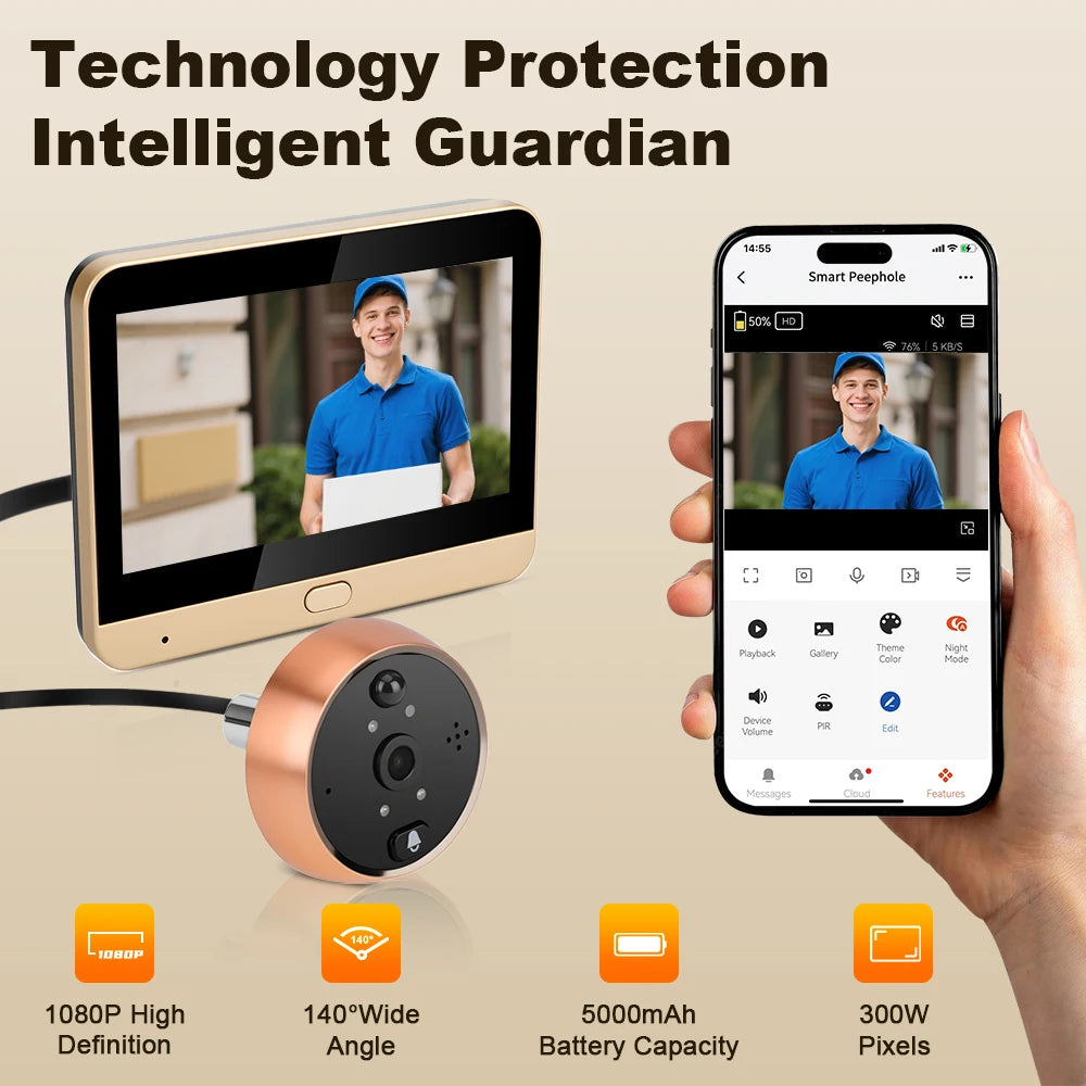 Extractme 4.3 Inch Wifi Smart Doorbell Camera Tuya 1080P Full HD Door Peephole Camera with PIR Detection Doorbell  Видеоглазок