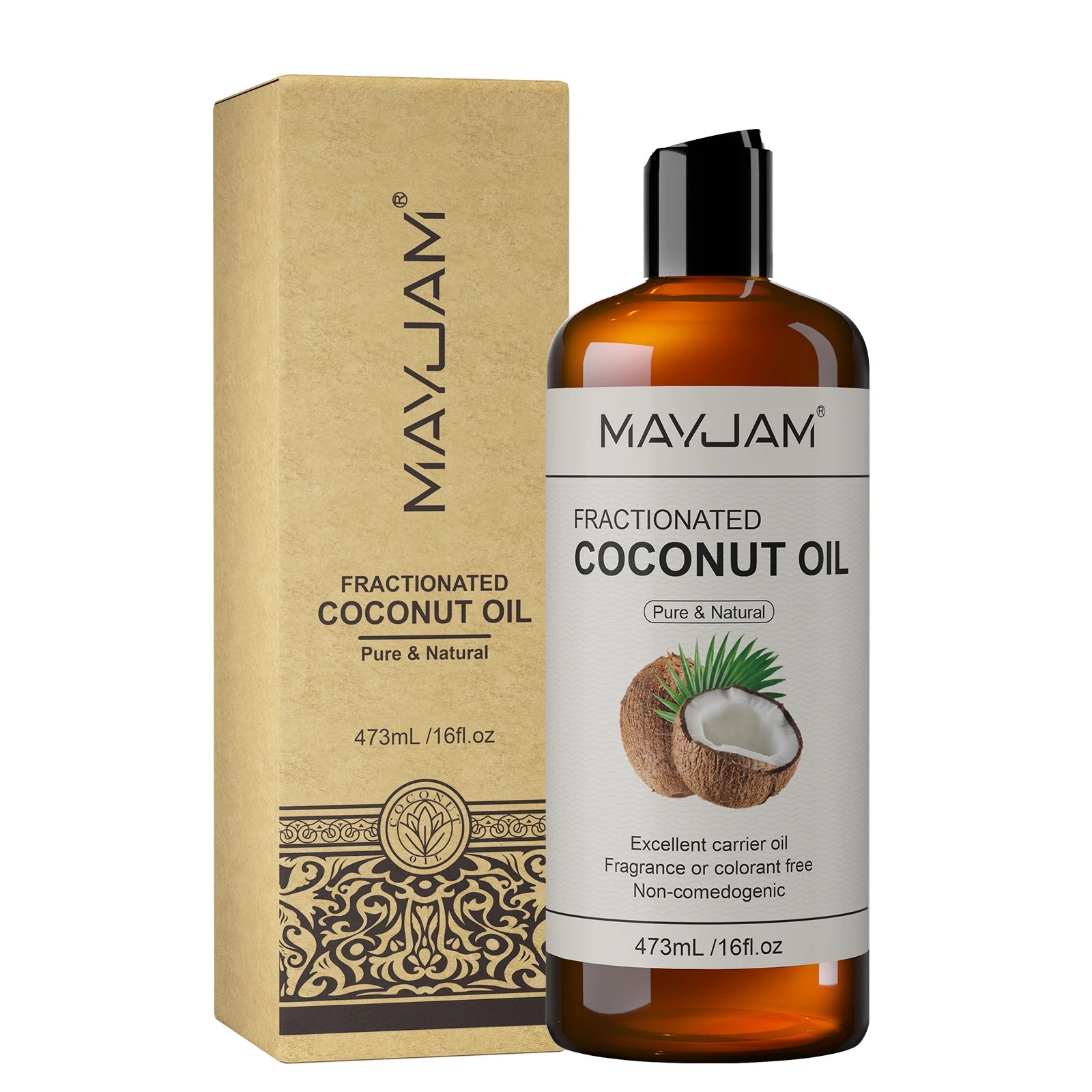 MAYJAM fractionated coconut oil bottle and kraft box, 473 mL, non-comedogenic