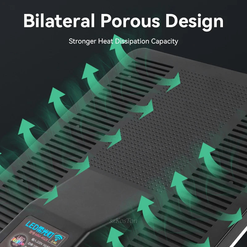 Black rectangular LED light panel featuring a textured, porous surface for heat dissipation with ventilation grilles.