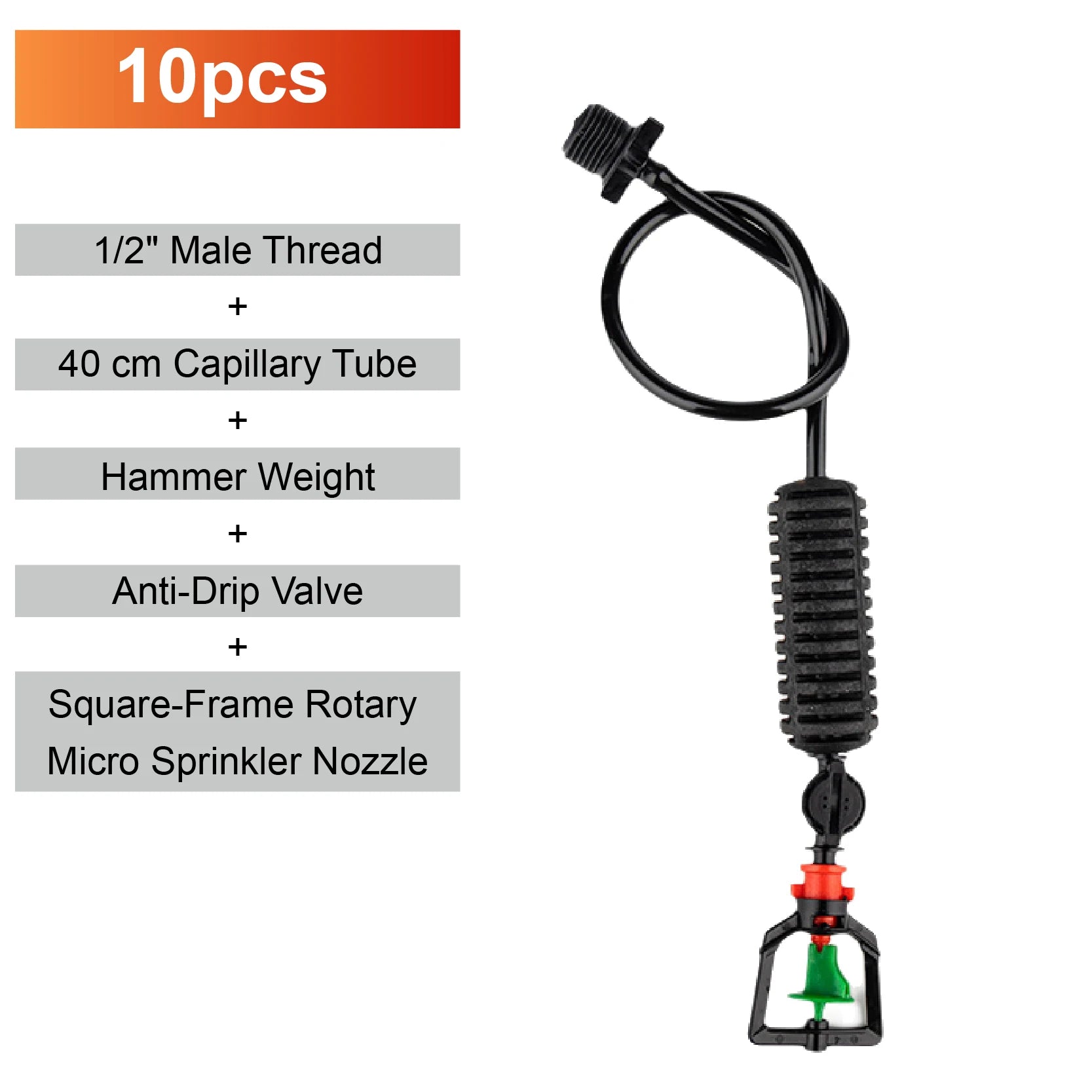 Hanging misting micro sprinkler with black tube and square-frame rotary nozzle with red base