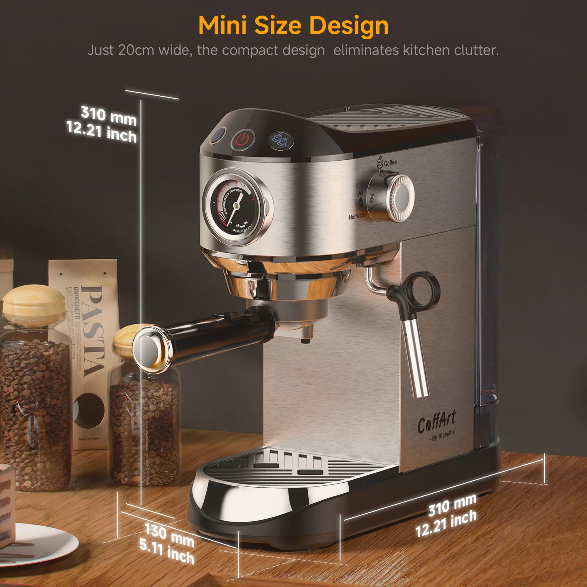BioloMix CoffArt compact stainless steel espresso machine, 20cm wide, featuring a built-in pressure gauge.