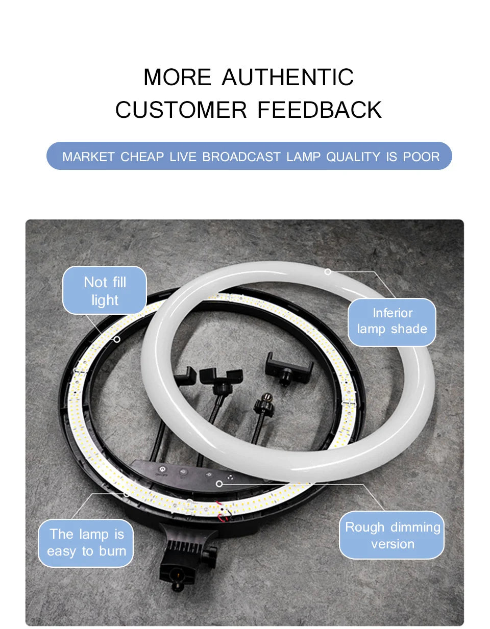 Black plastic LED ring light with a detached white diffuser, showing exposed circuit boards and smartphone mount clips.