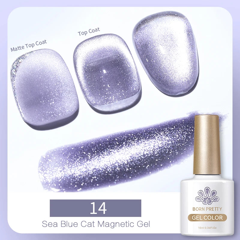Sea Blue Cat Magnetic Gel nail polish with shimmering purple finish, shown with matte and glossy top coat samples.
