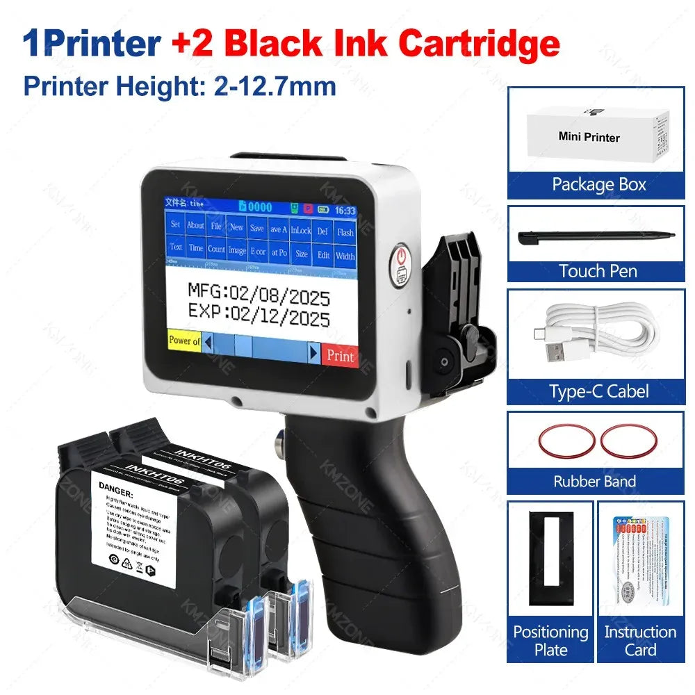 Mini handheld inkjet printer with included accessories and 2 black ink cartridges