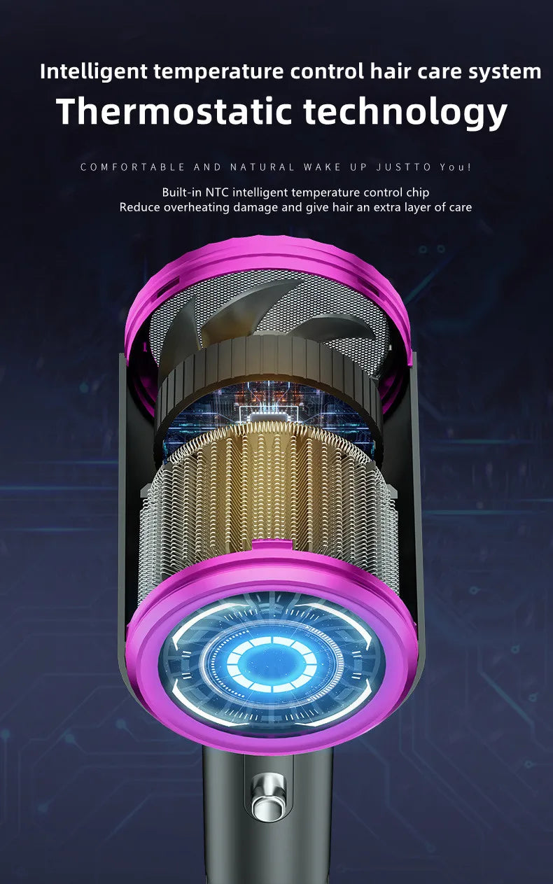 Pink 2400W high-speed hair dryer with NTC thermostatic tech and ion care showing internal heating element motor details.