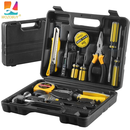 Black plastic hand tool kit case open, showing yellow-and-black screwdrivers, pliers, and bits