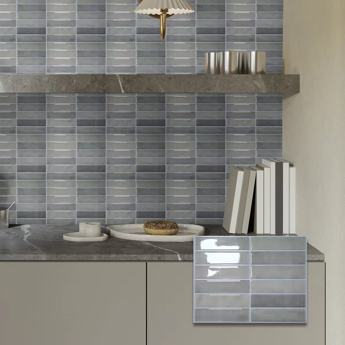 Dark grey peel-and-stick backsplash tile sheet with glossy subway tile pattern, placed against wall