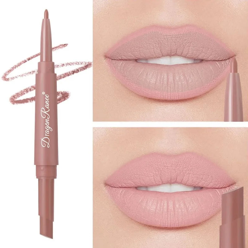 Dual-ended nude matte lip liner and lipstick pencil with long-lasting, waterproof creamy rose finish on lips.