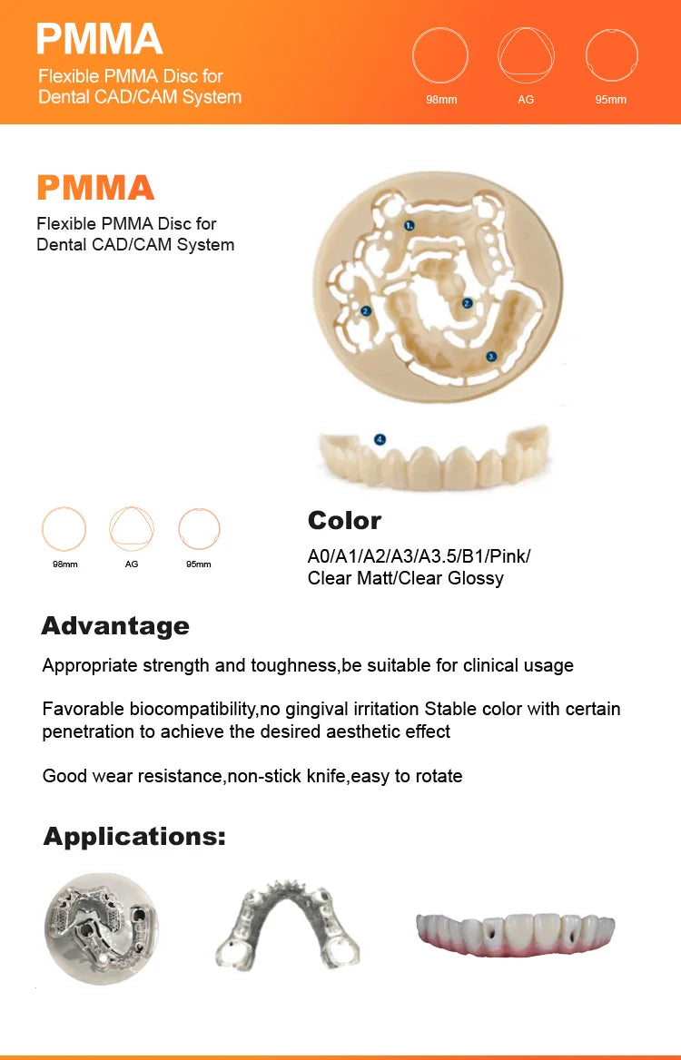 Tidesmit 98mm flexible dental PMMA disc for high-quality CAD/CAM milling and restorative dentistry
