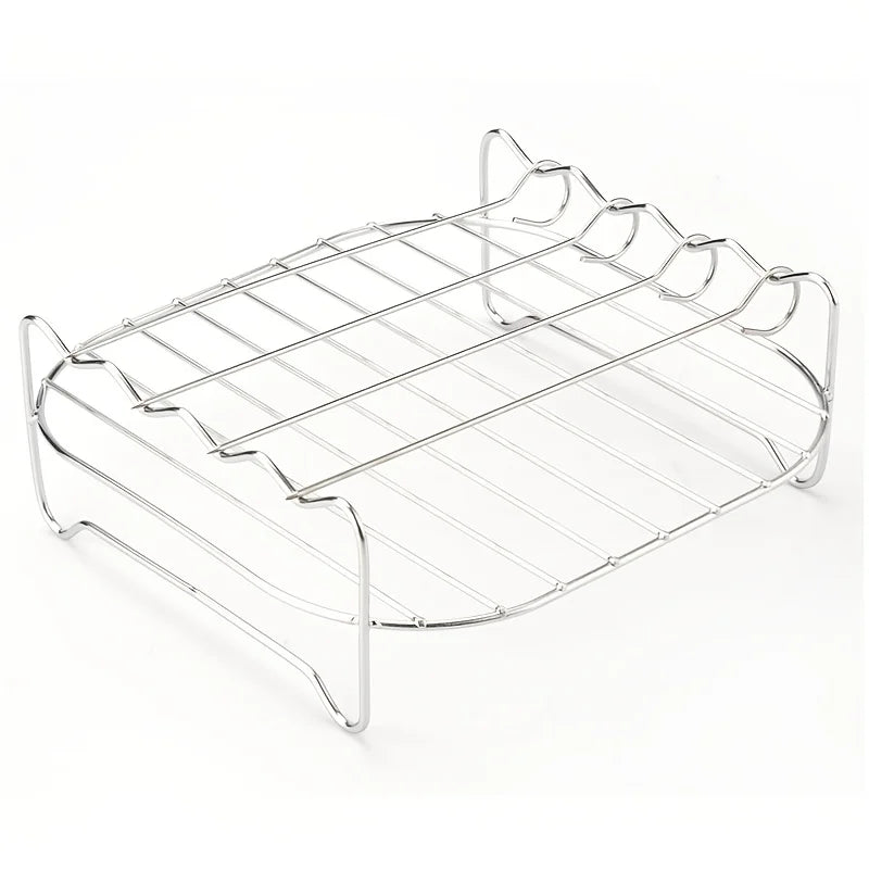 1 PC Air Fryer Rack with 4 Skewers, 1 Set Grill and Steam Rack. Suitable for baking and grilling in small ovens.