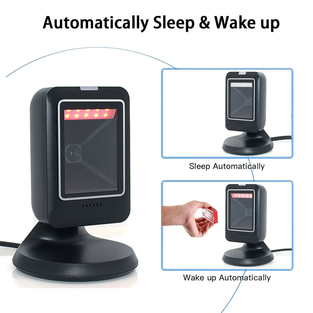 Black desktop barcode scanner on stand with lit scan window and hand holding card