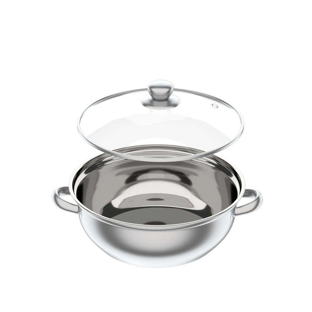 Stainless steel steamer pot with glass lid and knob, curved side handles