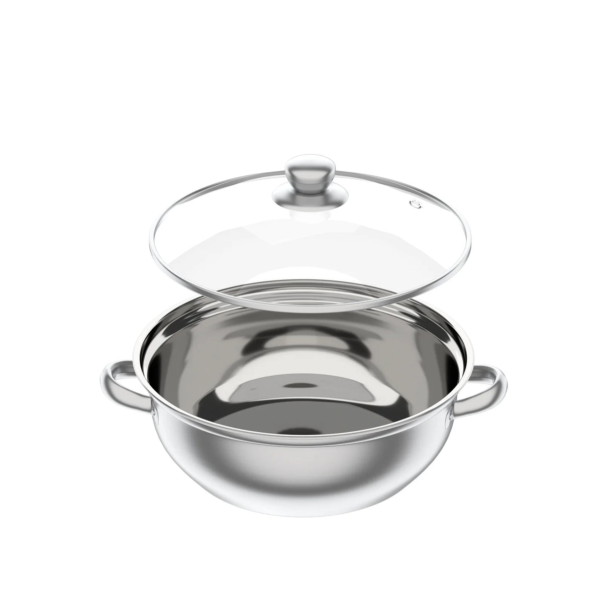 Stainless steel steamer pot with glass lid and knob, curved side handles