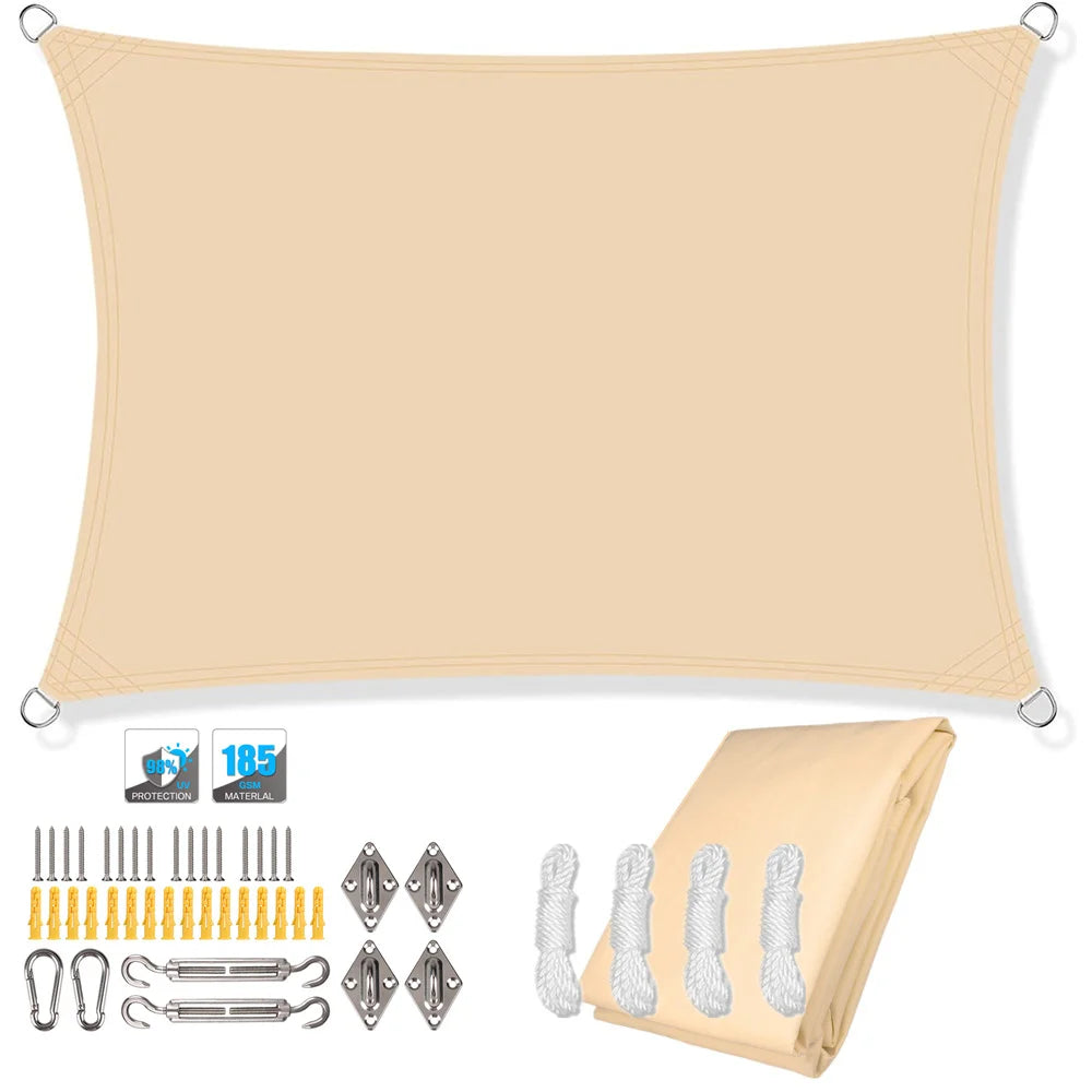 Beige rectangle sun shade sail canopy with corner grommets for outdoor shade.