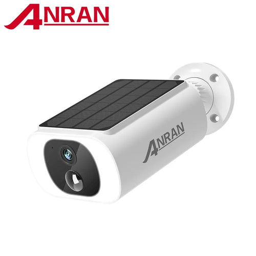 ANRAN outdoor solar security camera with white body, black lens, and solar panel.