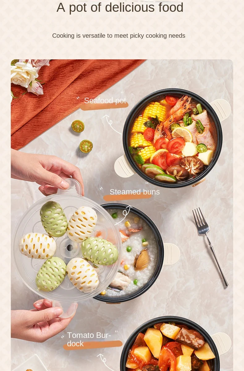 Electric rice cooker showing inner pot and steamer basket with assorted cooked foods
