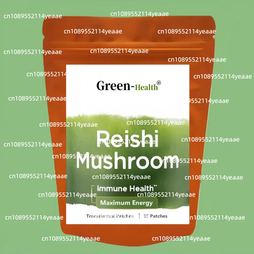 Green-Health Reishi mushroom adaptogen patches in a sealed orange pouch for immune support and energy.