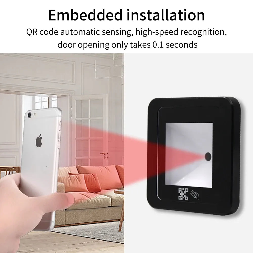 Black QR code access control reader with RFID/IC card presented for contactless access