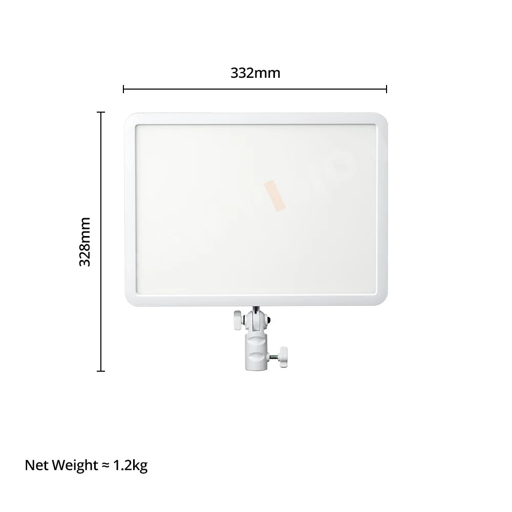 Rectangular white LED video light panel, 332mm x 328mm, with an adjustable mount for photography and video production.