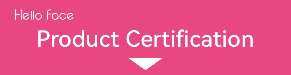 Hello Face brand banner on a pink background with the white text "Product Certification" and a downward arrow.