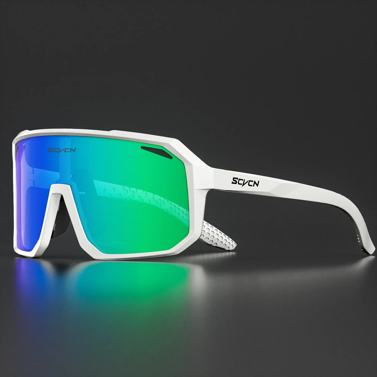 Cycling sunglasses with white frame and green mirrored sport lenses.