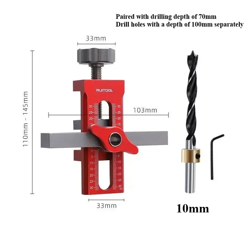 Dowel drilling jig with paired drilling depth labels and 10mm drill bit