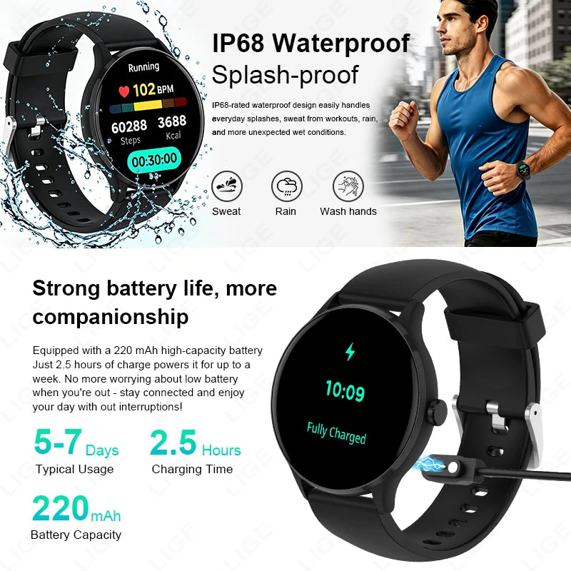 LIGE 1.26" HD Smart Watch 24/7 Health Monitoring Bluetooth Call 123+ Sports Modes IP68 Waterproof Sleep Tracker for Android iOS