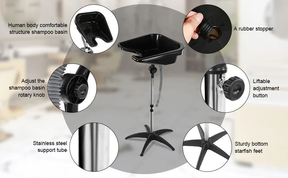 Portable Shampoo Bowl With Chair - Adjustable Salon Wash Sink - Black Massage Chairs Tidesmit
