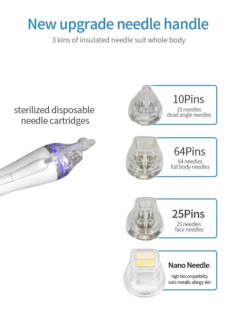 Portable fractional RF skin tightening device with 4 interchangeable sterile needle cartridges for face and body.