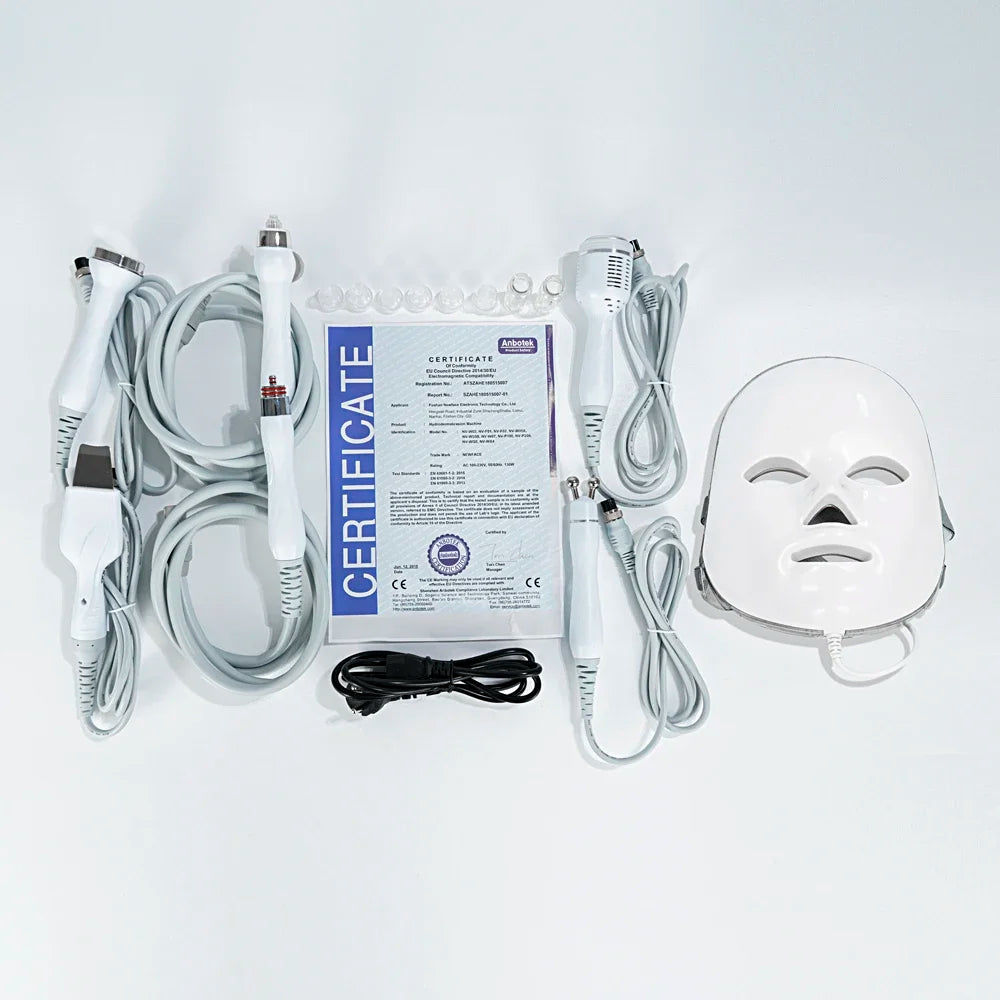 7-in-1 professional hydro facial machine kit with LED mask, ultrasonic probes, RF lifting, and CE certificate.