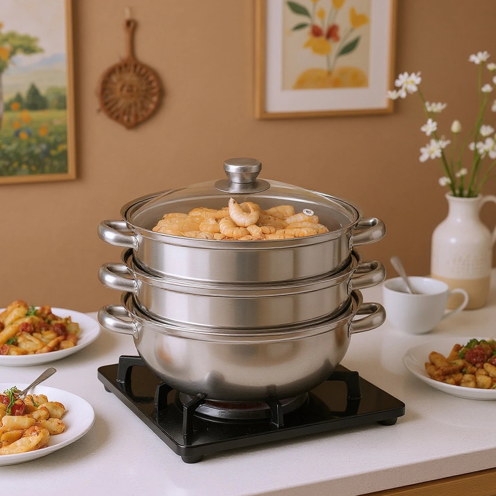3-tier stainless steel steam cooker pot with glass lid and side handles, on black burner.
