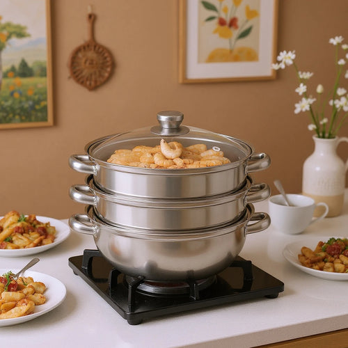 3-tier stainless steel steam cooker pot with glass lid and side handles, on black burner.