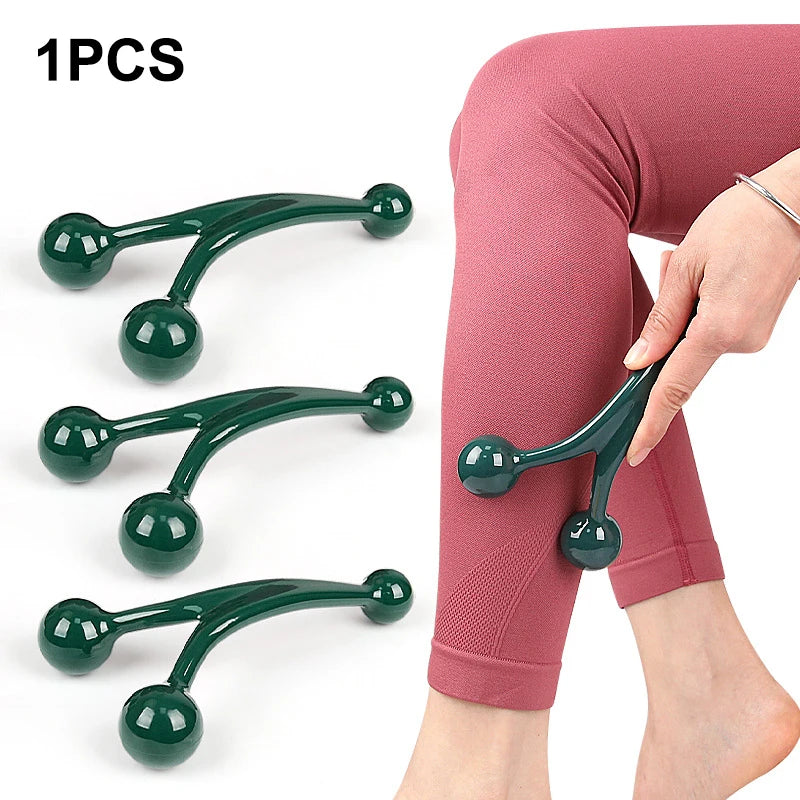 Dark green, Y-shaped plastic handheld roller massager with three smooth balls for massaging legs and muscles.