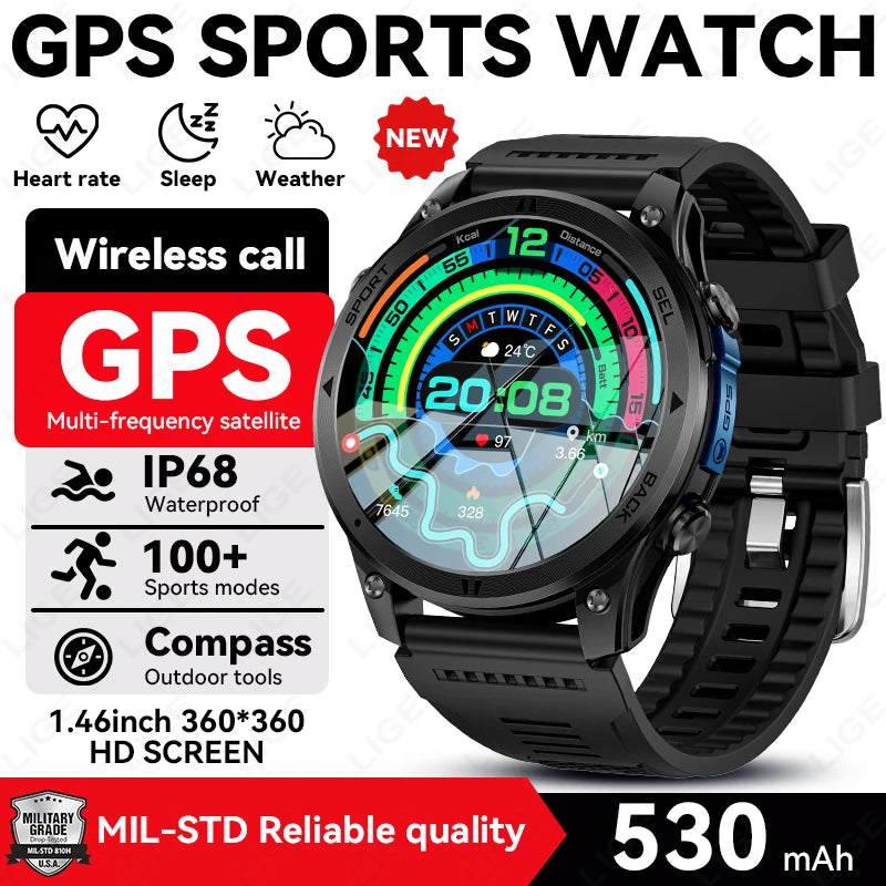 LIGE 2026 New GPS Path Smart Watch 530mAh Battery IP68 Waterproof Sports Run Tracker BT Call Outdoor Compass Military Smartwatch