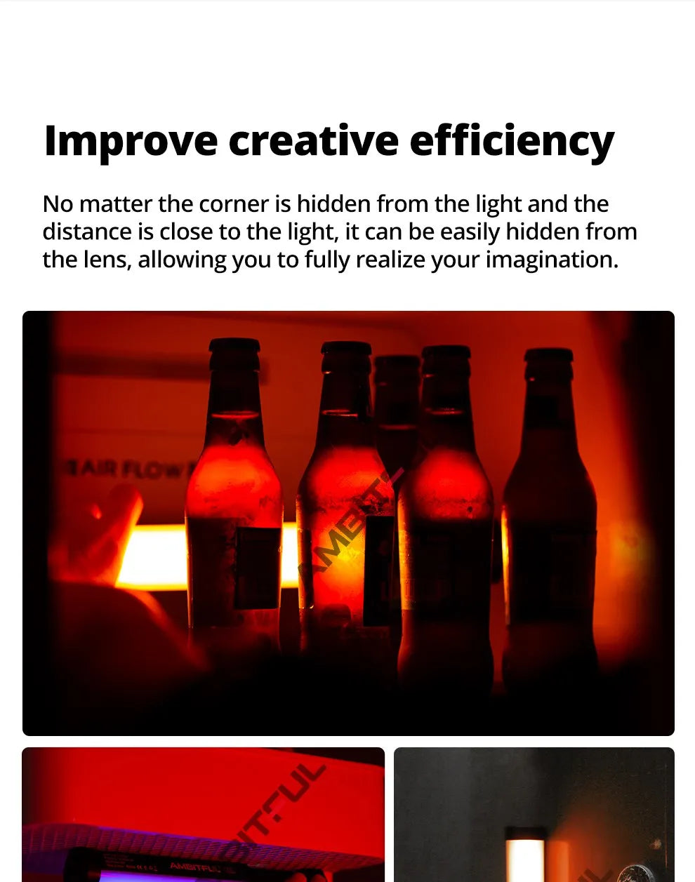 Long, slim LED light bar providing red accent lighting to silhouette glass bottles in a dark setting.